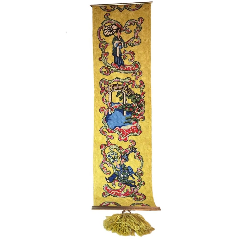 Vintage MCM Mid Century Modern Asian Inspired Needlepoint Wall Tapestry Hanging